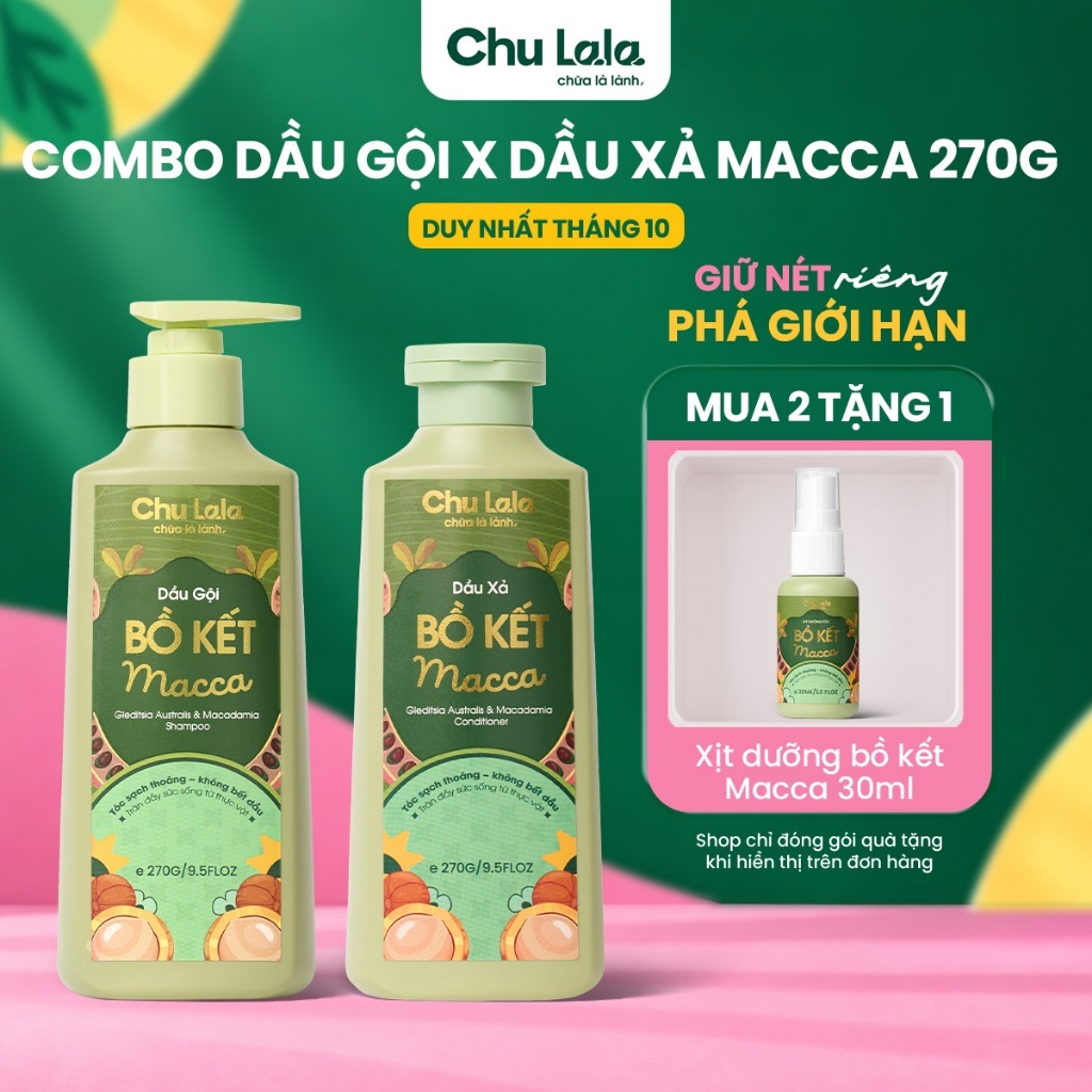 Combo Dầu Gội & Dầu Xả Bồ Kết Macca Chu Lala – Hỗ Trợ Phục Hồi Tóc Hư Tổn, Giảm Gãy Rụng 270G