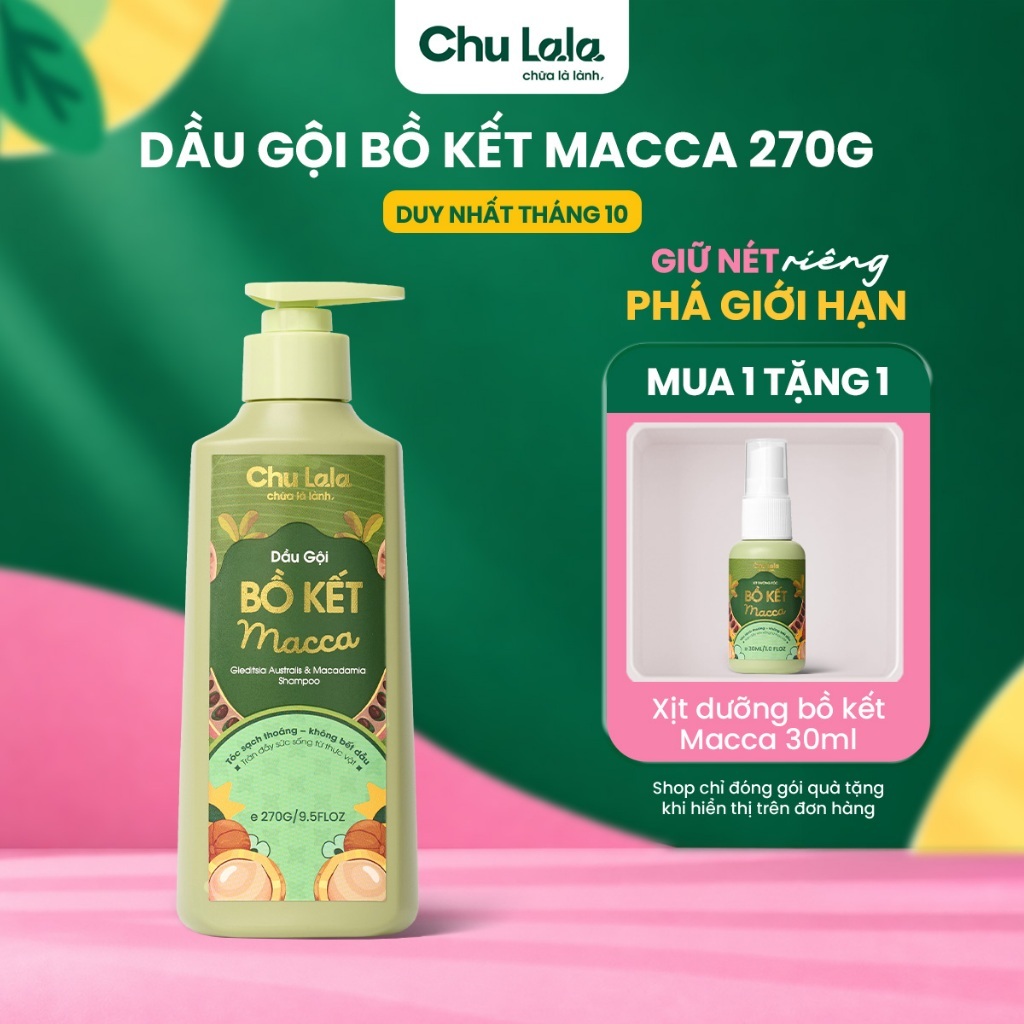 Dầu Gội Bồ Kết Macca Chu Lala - Hỗ Trợ Làm Sạch Dịu Nhẹ, Giảm Gãy Rụng, Giảm Gàu, Kiềm Dầu, Dưỡng Mềm Mượt 270G