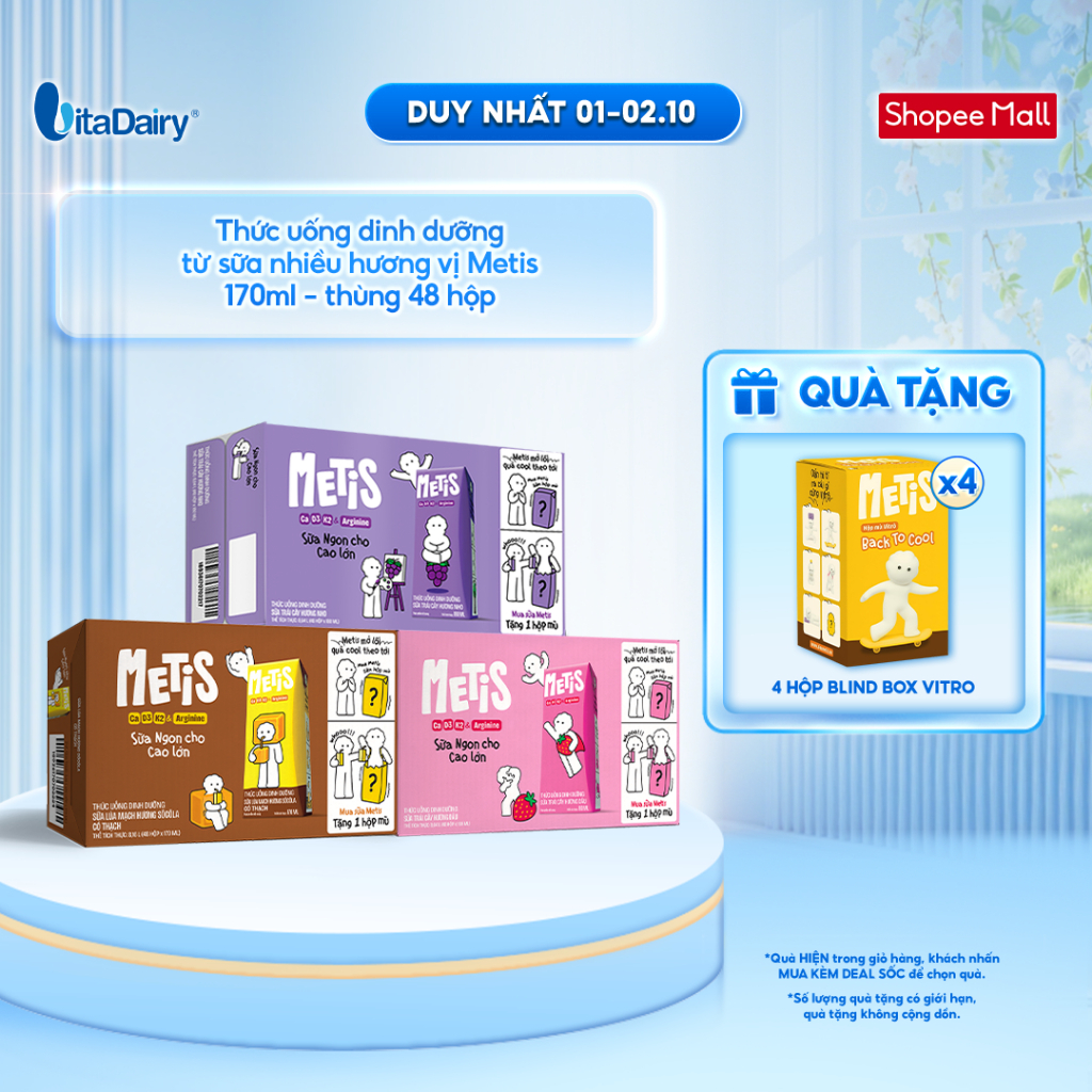 [THÙNG 48 HỘP] Thức uống dinh dưỡng Metis hương nho/dâu/Socola có thạch 170ml - Thơm ngon dễ uống, Bé thích mê