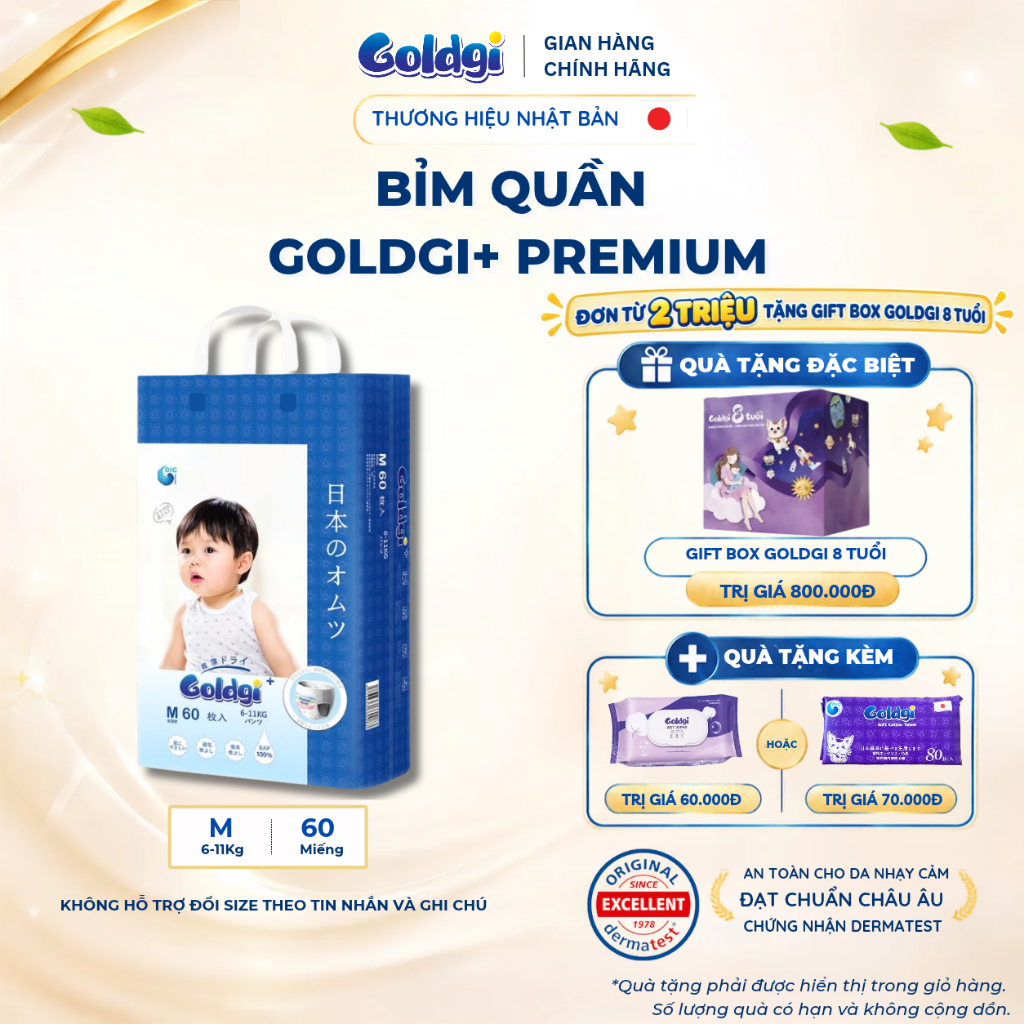 Bỉm quần Goldgi Premium cao cấp mềm mại như nhung, siêu khô thoáng chống tràn cho bé từ 6KG