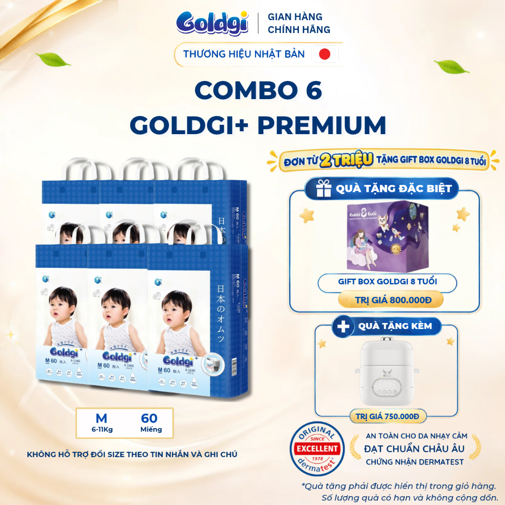 Thùng 6 Bịch Bỉm Goldgi Premium cao cấp, lớp vải mềm mại như nhung, lõi 1.5mm khô thoáng cả ngày cho bé