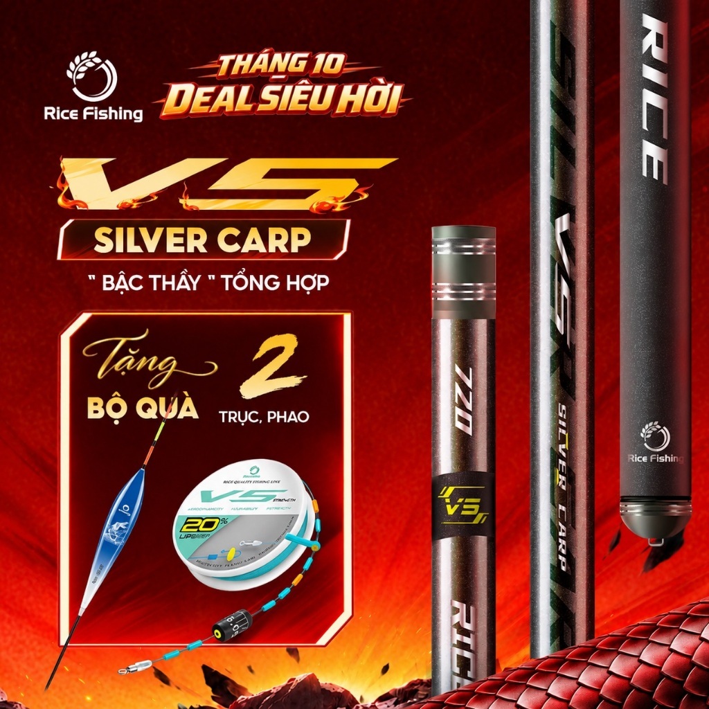 Cần câu đài V5 SILVER CARP RiceFishing chất liệu carbon cao cấp chuyên câu cá chép, cá mè CC-34