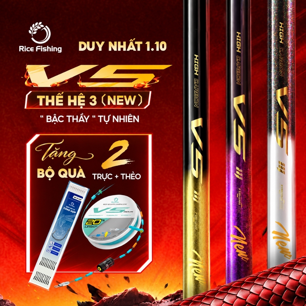 Cần câu đài V5 Thế hệ 3 Rice Fishing Carbon 30T & 40T Nâng cấp phiên bản mới 2025
