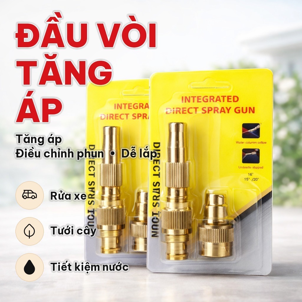Đầu Vòi Tăng Áp Bằng Đồng, Vòi Phun Áp Suất Cao Nối Nhanh Ống 13mm - Súng Phun Nước Rửa Xe, Tưới Cây