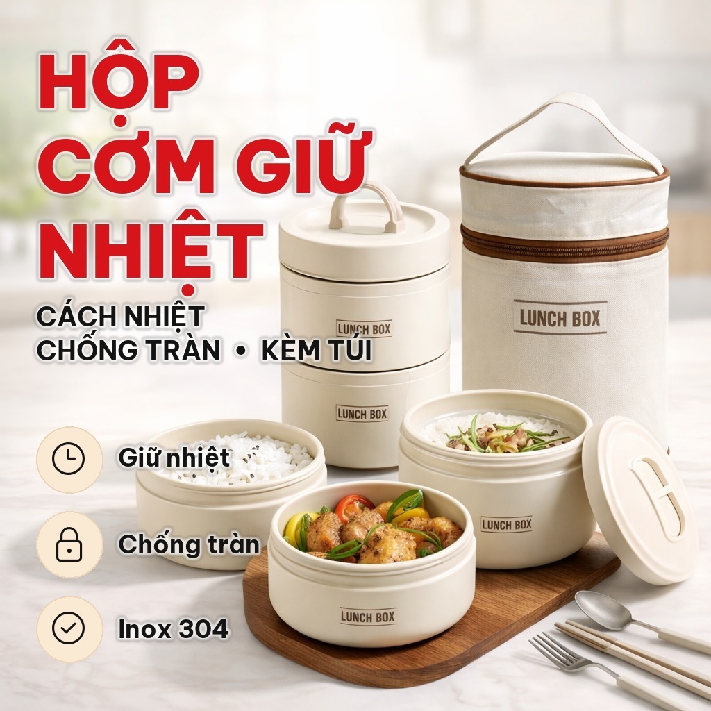 Hộp Cơm Giữ Nhiệt Lucky 3 Tầng Kèm Túi, Cà Mèn Đựng Cơm Inox 304 Không Gỉ, Cách Nhiệt Cho Dân Văn Phòng