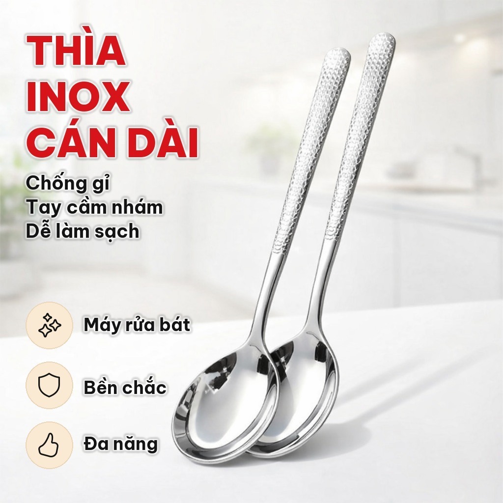 (COMBO 10) Thìa Inox Cán Dài Bản To, Tay Cầm Nhám, Muỗng Inox Thép Không Gỉ Dùng Cho Súp, Kem Hằng Ngày