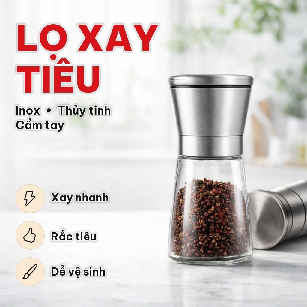 Cối Xay Tiêu Cầm Tay Bằng Inox Và Thủy Tinh, Lọ Xay Tiêu Nhỏ Gọn, Nghiền Và Rắc Gia Vị Trong Nhà Bếp