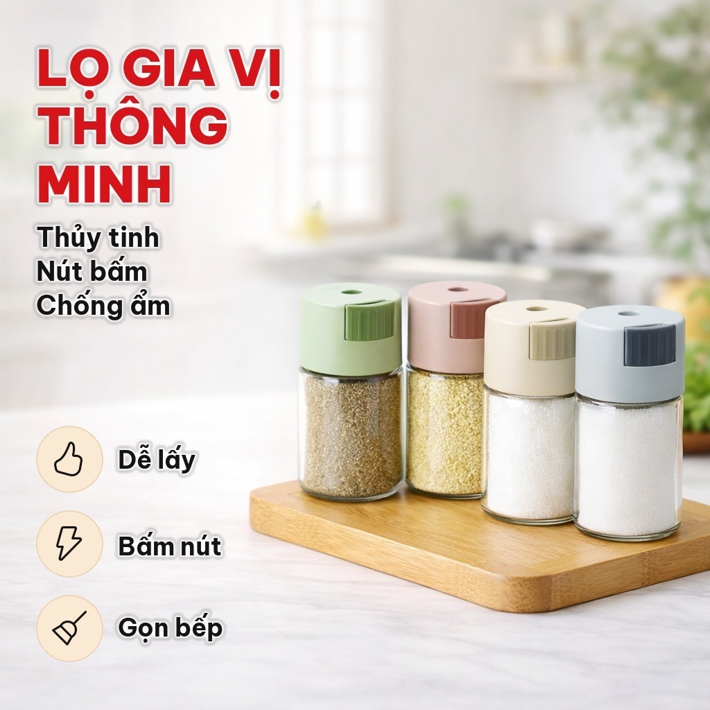 (4 Hũ) Lọ Đựng Gia Vị Thủy Tinh 180ml, Hũ Đựng Gia Vị Nút Bấm Định Lượng, Chống Ẩm Tiện Lợi Cho Nhà Bếp