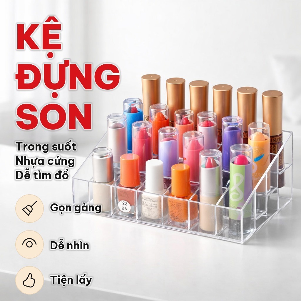Kệ Đựng Son 24 Ô Trong Suốt, Khay Đựng Son Nhựa Mica Cứng Cáp, Sắp Xếp Mỹ Phẩm Và Cọ Trang Điểm Trên Bàn Trang Điểm