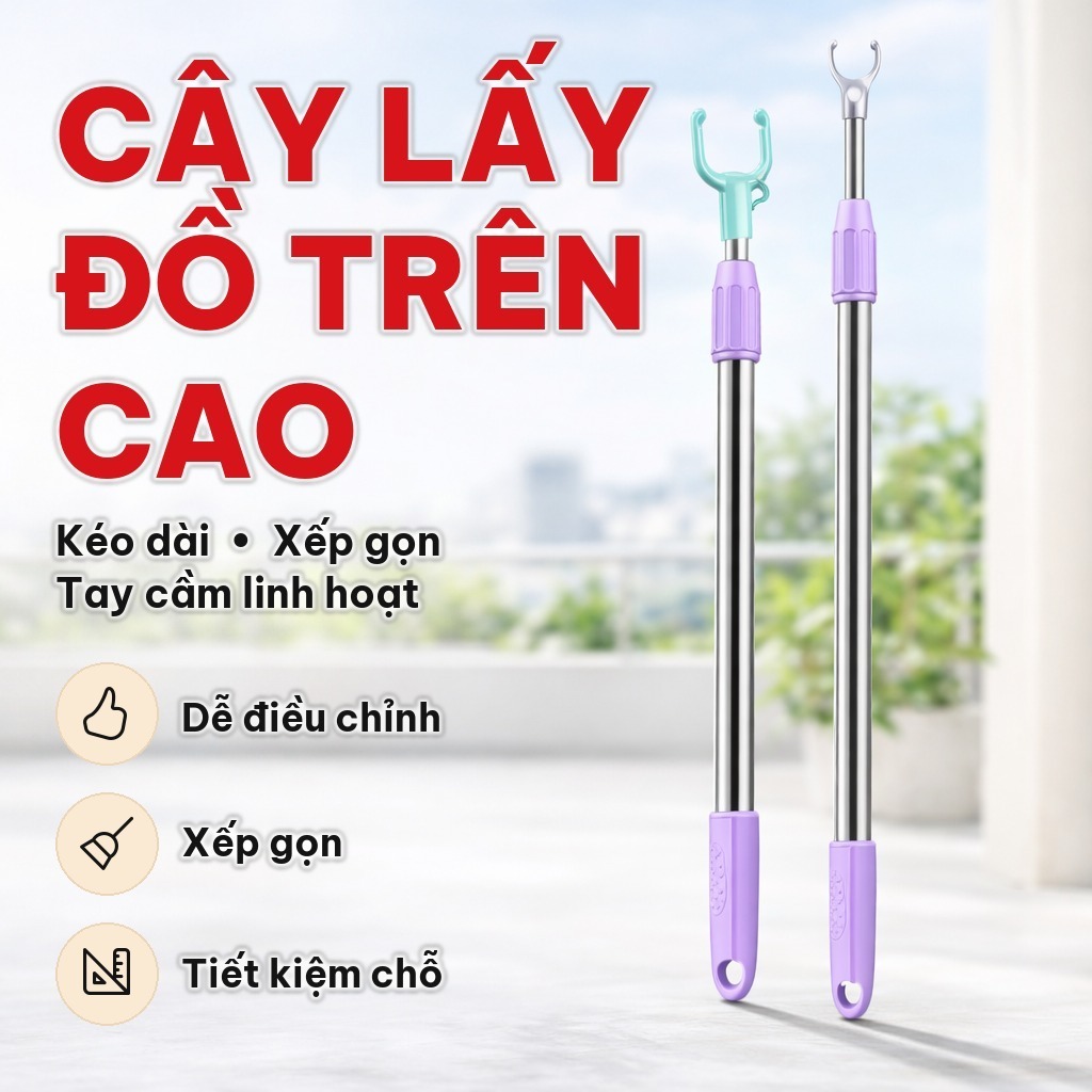 Cây Phơi Quần Áo Inox Kéo Dài 1.5m, Gậy Lấy Đồ Trên Cao Xếp Gọn Cho Dây Phơi Cao, Gia Đình Và Shop Quần Áo
