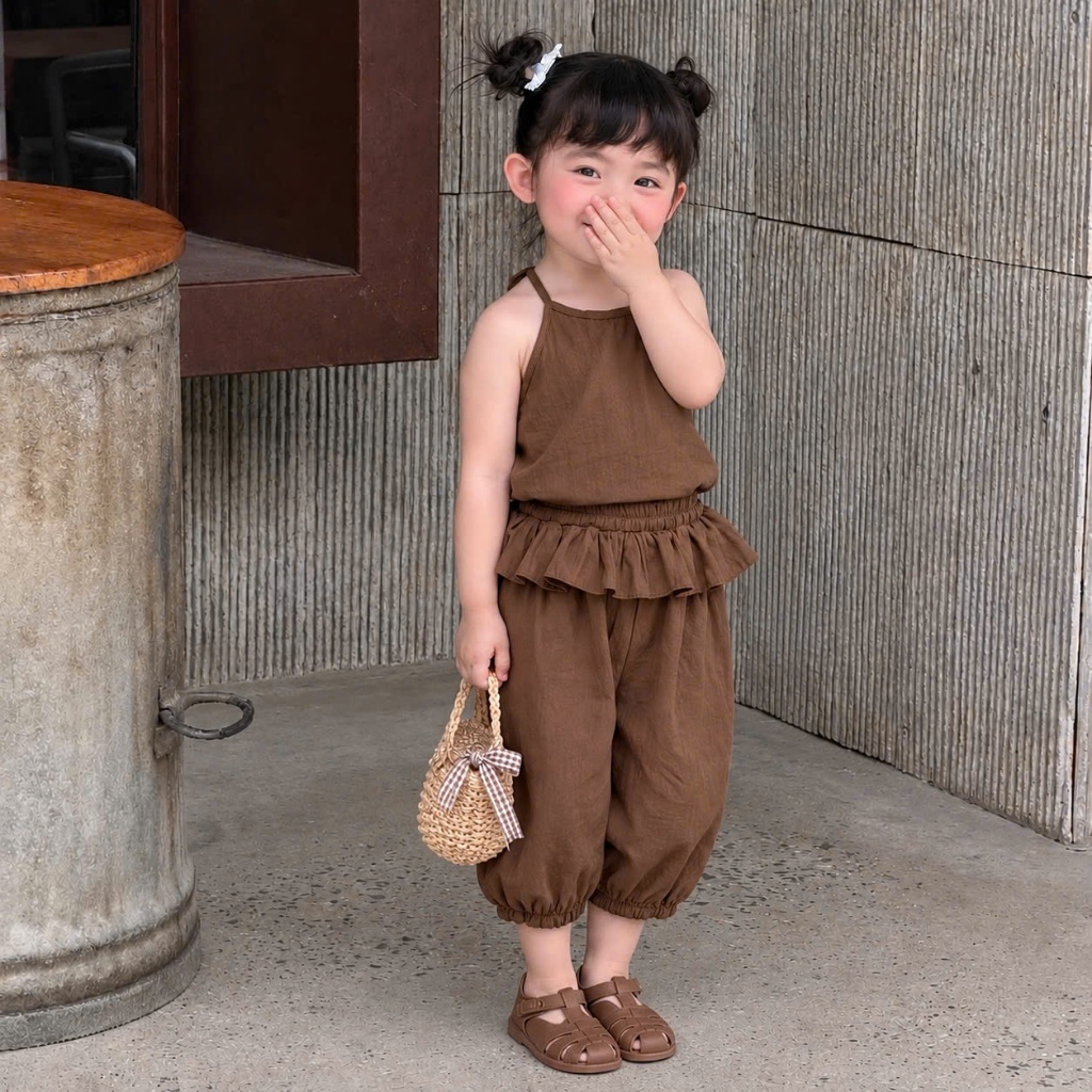 DEAL MỞ BÁN Bộ áo dây quần bèo lửng vải gió nhăn cho bé gái 6-24kg