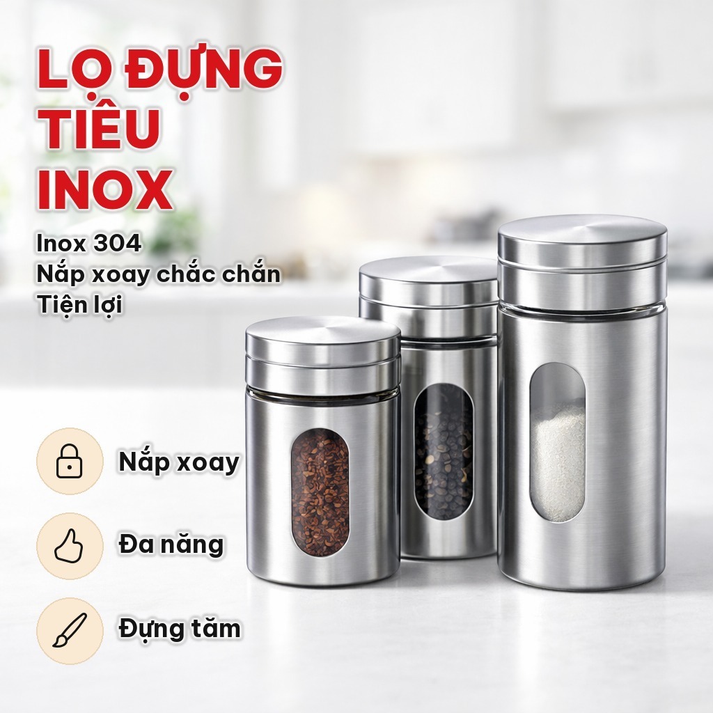 Lọ Đựng Gia Vị Inox 304 Nắp Xoay 03 Cỡ Lỗ, Hũ Hạt Tiêu Kiêm Lọ Đựng Tăm Tiện Dụng Cho Gia Đình, Quán Ăn