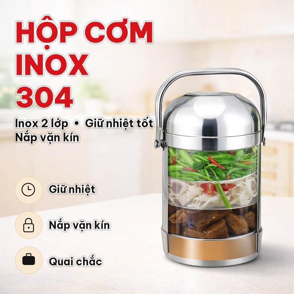 Hộp Đựng Cơm Inox 304 Hai Lớp, Cặp Lồng Giữ Nhiệt Nắp Vặn Kín, Đựng Thực Phẩm Tiện Lợi Khi Đi Làm Công Sở