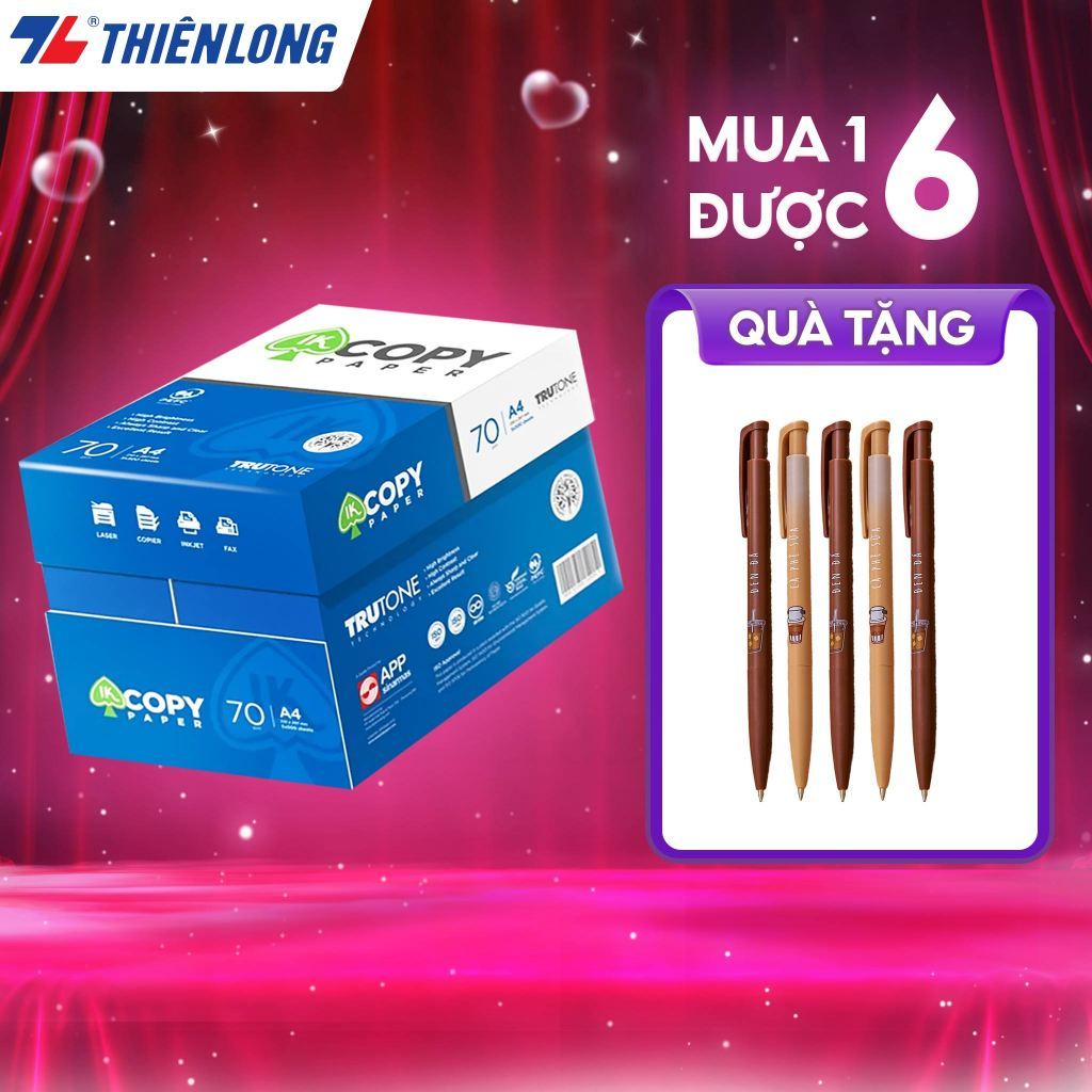 Combo 5 ream Giấy in A4 photo Thiên Long IK Copy 70 gsm đều màu, độ dày cao, giấy cứng chất lượng tốt (2500 tờ/ thùng)