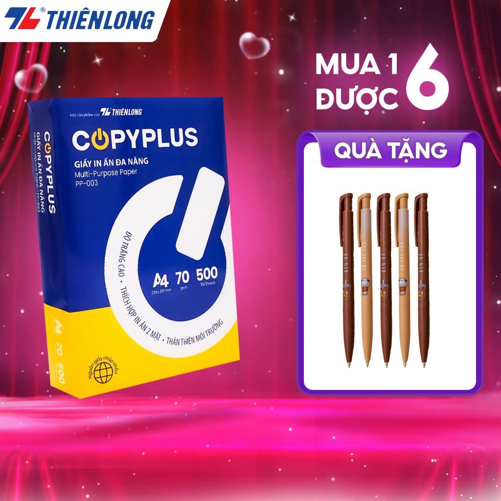 Combo 5/10 thùng Giấy in A4 70 gsm Thiên Long Copy Plus PP-003 (500 tờ/ Ream) - Chất lượng cao, hợp in ấn
