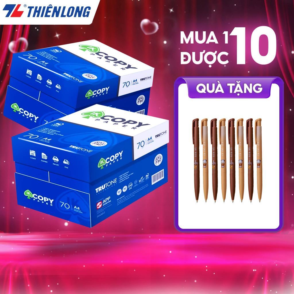 10 ream Giấy in A4 70 gsm, giấy A4 photo IK Copy Paper Thiên Long 500 tờ/ream, đều màu, độ dày cao, chữ in không nhòe