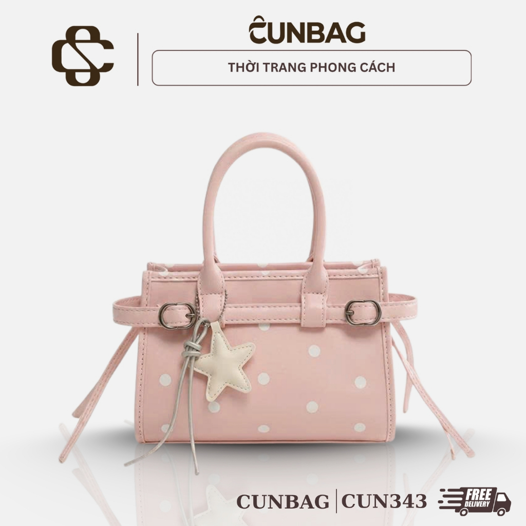 (Tặng Charm Sao) Túi Xách Nữ Cunbag Dáng Boston Phối Chấm Bi Tua Rua Dễ Thương Xinh CUN343