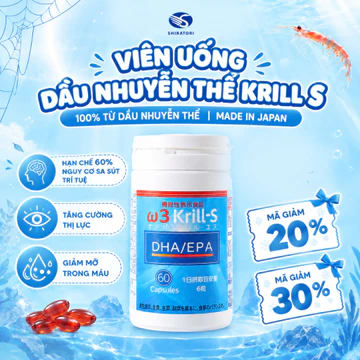 Dầu Nhuyễn Thể Omega 3 Krill S Giảm Mỡ Máu, Tốt Tim Mạch, Bổ Não- Lọ 60V(560mg/v)-Shiratori Nhật Bản