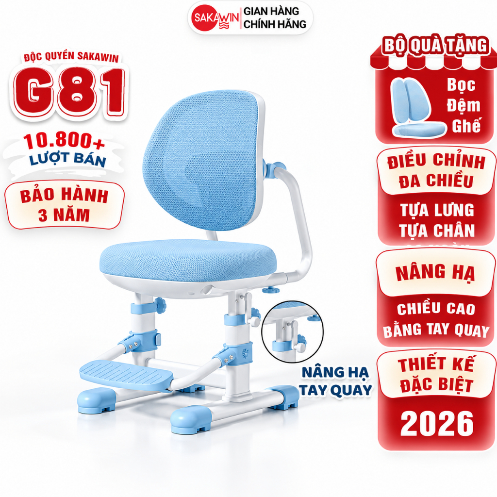 Ghế học sinh cao cấp Sakawin G81 Nâng hạ tay quay Điều chỉnh tựa lưng ra vào tựa chân lên xuống cho bé 3 đến 15 tuổi | BigBuy360 - bigbuy360.vn