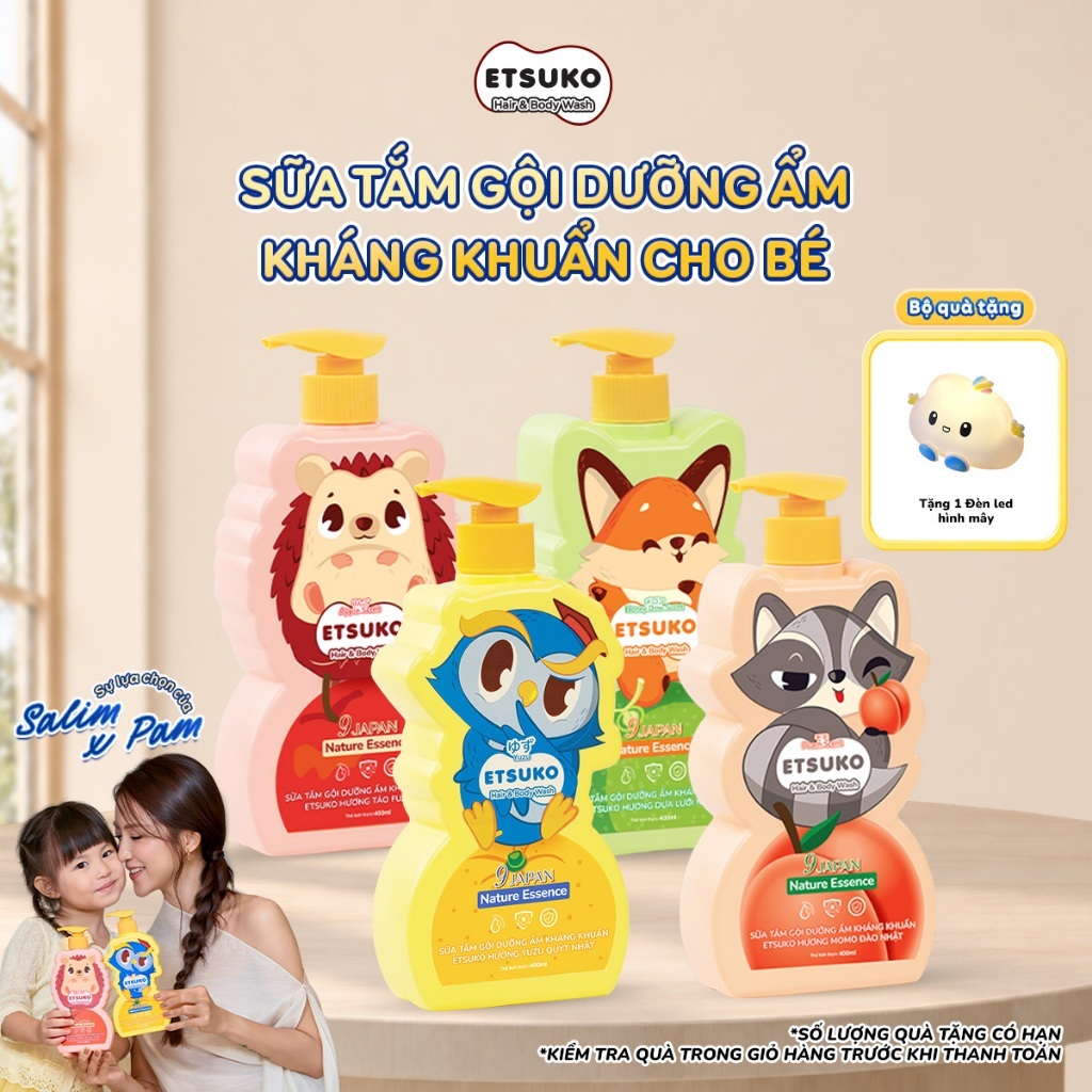 [TẶNG ĐÈN] Sữa Tắm Gội Cho Bé ETSUKO 400ml Dưỡng Ẩm Dịu Nhẹ, Kháng Khuẩn An Toàn Cho Da Nhạy Cảm