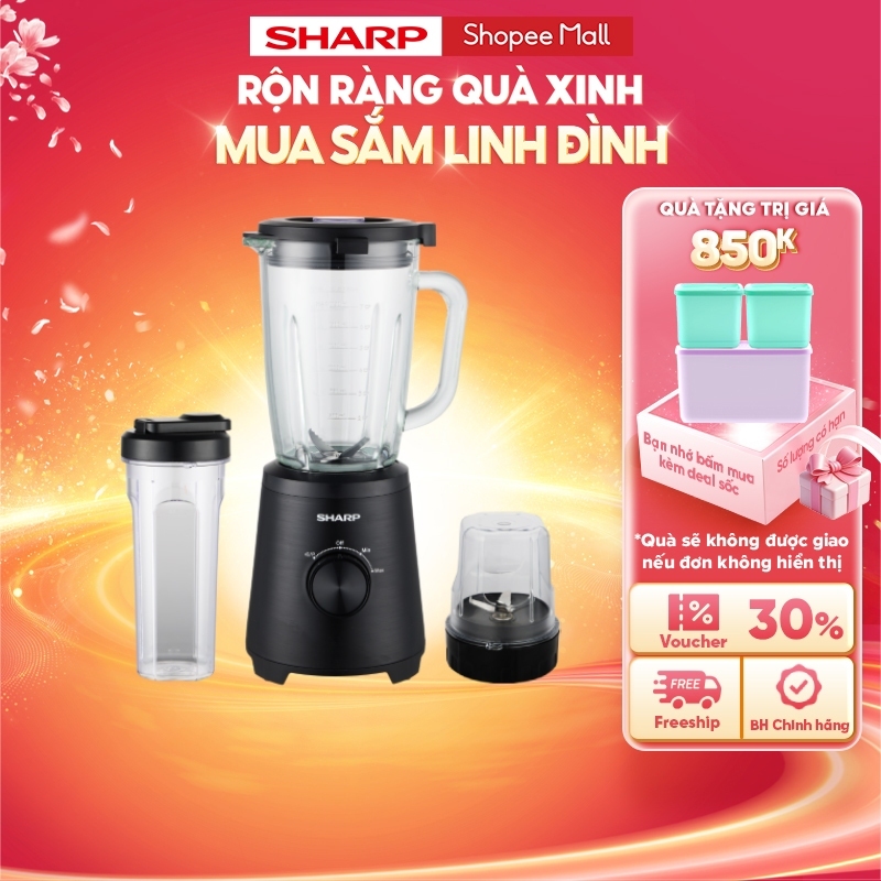 Máy Xay Sinh Tố Đa Năng Sharp EM-SG1000-BK - Công Suất 1000W - 3 Cối Thủy Tinh & Nhựa BPA Free - Xay Đá Mịn - Chính Hãng