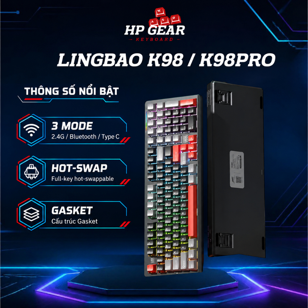 Bàn phím cơ Lingbao K98 | Lingbao K98 Pro - Hotswap, Gasket Mount, LED RGB, 3 Mode Kết Nối (Chính Hãng) | BigBuy360 - bigbuy360.vn