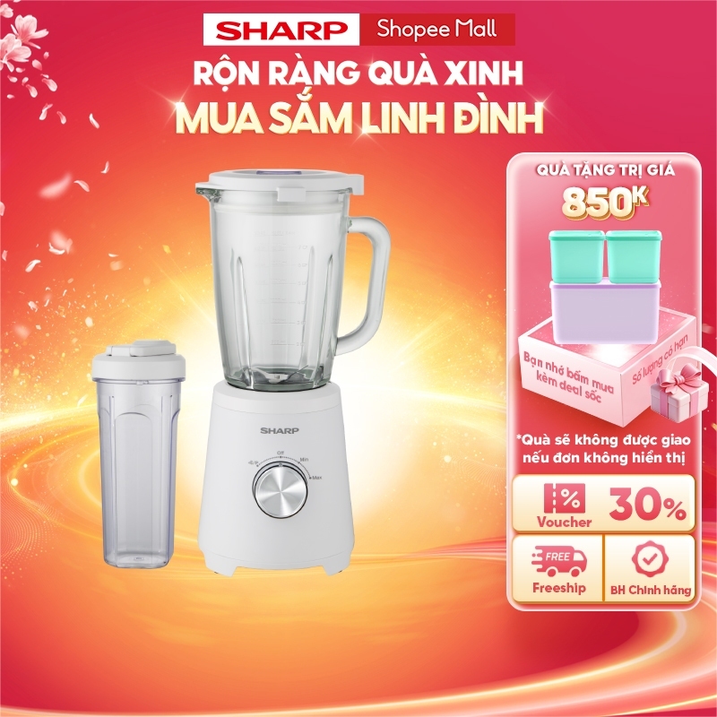 Máy Xay Sinh Tố Đa Năng Sharp EM-SG1001-WH - Công Suất 1000W - Cối Thủy Tinh 1.75L & Bình Du Lịch - Xay Đá Mịn - Chính H