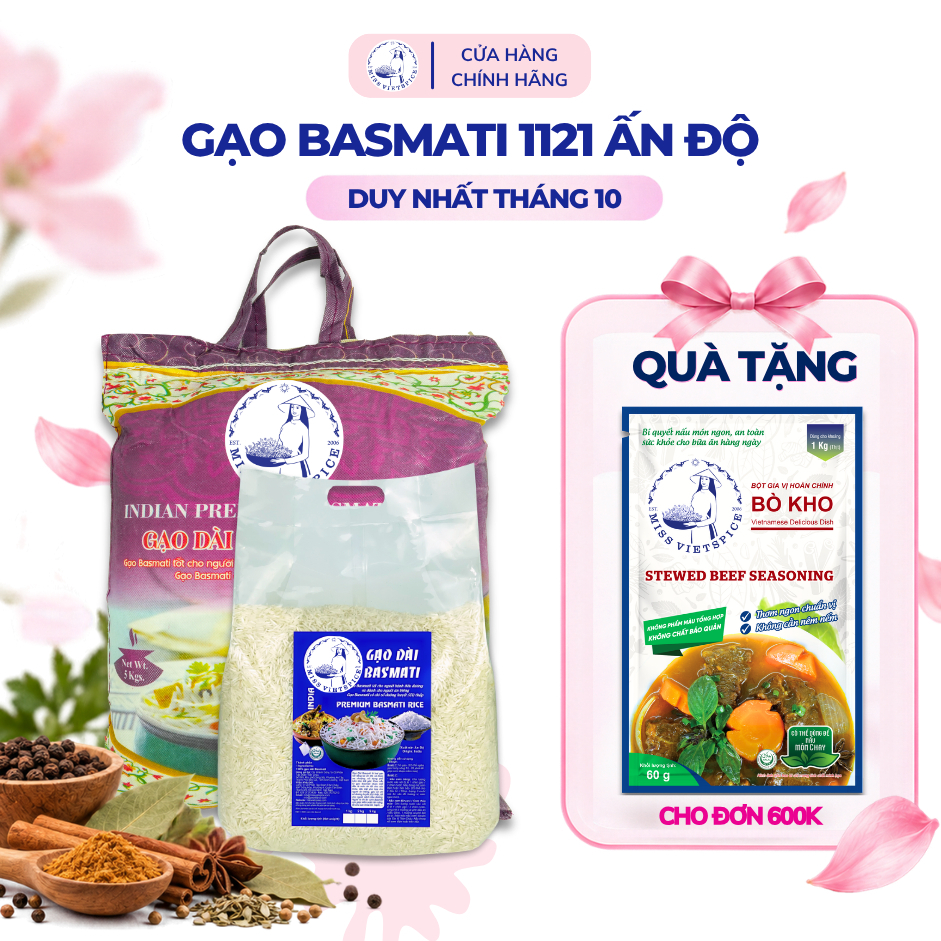Gạo dài Basmati 1121 Miss Vietspice đường huyết thấp, gạo dài Ấn Độ ăn kiêng tốt cho người tiểu đường