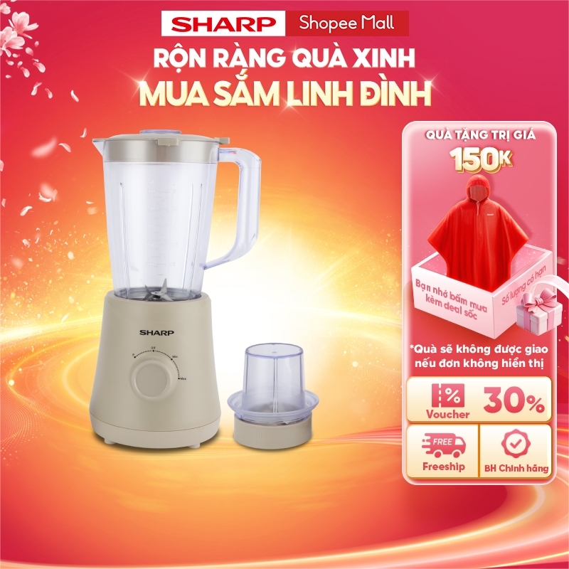 Máy Xay Sinh Tố Sharp EM-SP250-BR - Công Suất 500W - 2 Cối Nhựa BPA Free 1.5L - Xay Hạt Khô - Chính Hãng
