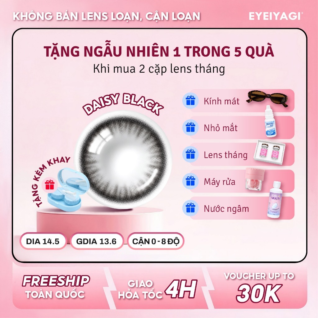 Kính áp tròng EYEIYAGI lens đen Daisy Black giãn tròng to 14.5mm, lens cận 3 tháng có lệch độ (0-8)