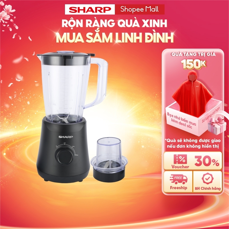 Máy Xay Sinh Tố Đa Năng Sharp EM-SP252-BK - Công Suất 500W - 3 Cối Nhựa BPA Free - Có Cối Xay Thịt & Hạt - Chính Hãng