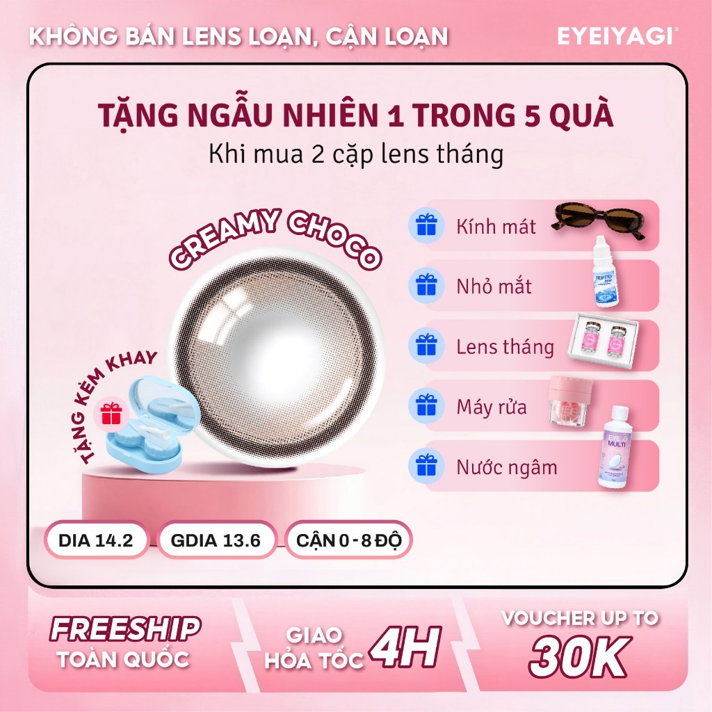 Kính áp tròng EYEIYAGI lens nâu chocolate sữa Creamy Choco giãn tròng 14.2mm | Lens cận 3 tháng có lệch độ (0-8 độ)