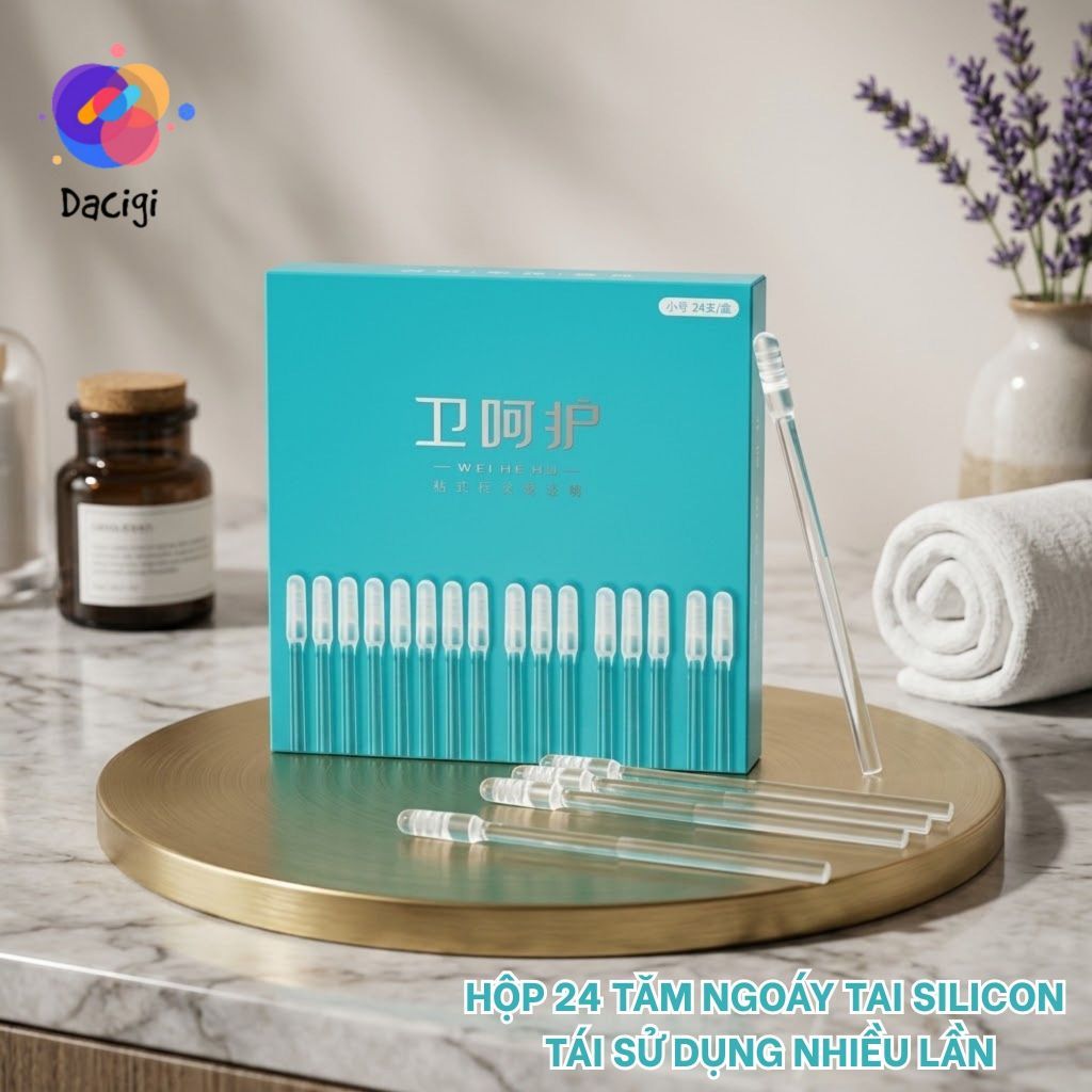 Hộp 24 Tăm Bông Ngoáy Tai Silicon Kèm Đầu Dính Díu Tai Sử Dụng Nhiều Lần - Vệ Sinh Tai An Toàn Cho Cả Gia Đình