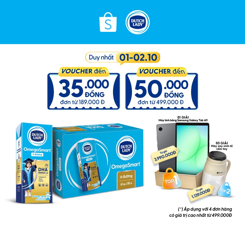 Thùng 48 Hộp Sữa Dinh Dưỡng Dutch Lady OmegaSmart Ít Đường 48x180ml