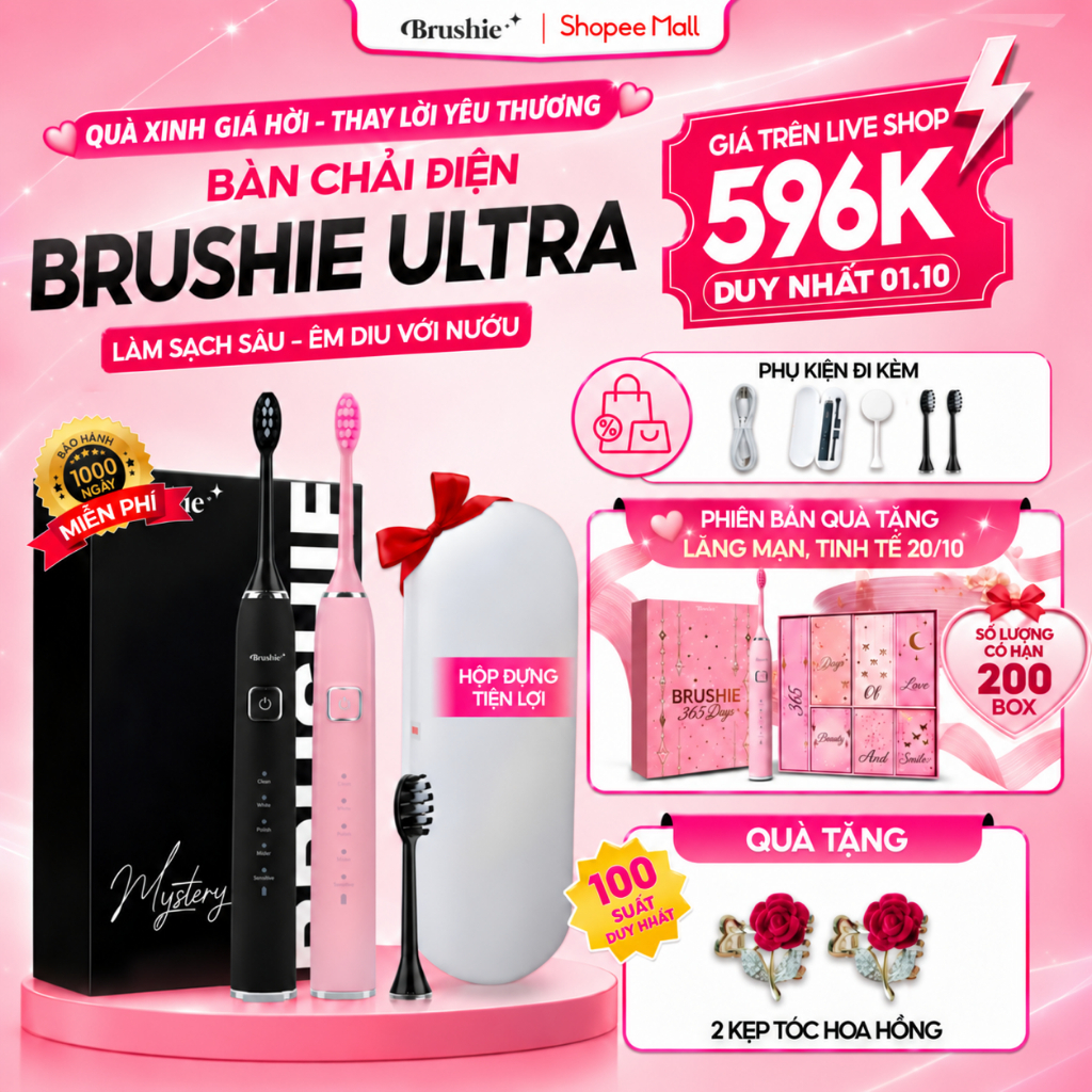 [GIÁ 540K LIVE SHOP] Bàn Chải Điện Brushie Ultra One Lông Mềm Mại, Tích Hợp Máy Rửa Mặt, Set Quà Tặng Cho Nữ 20/10, LIS