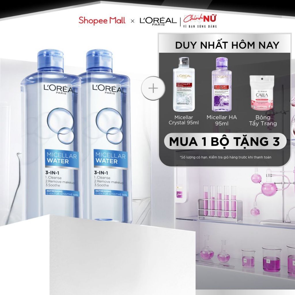 Bộ 2 nước tẩy trang đa năng 3in1 tươi mát L'Oreal Paris (xanh dương nhạt) 400ml
