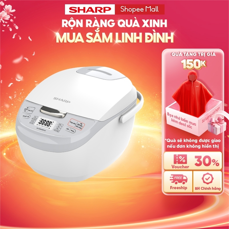 Nồi Cơm Điện Tử Sharp KS-COM192EV-GY 1.8L [8 Chức năng nấu, Màn hình LCD, Lòng nồi 3 lớp]