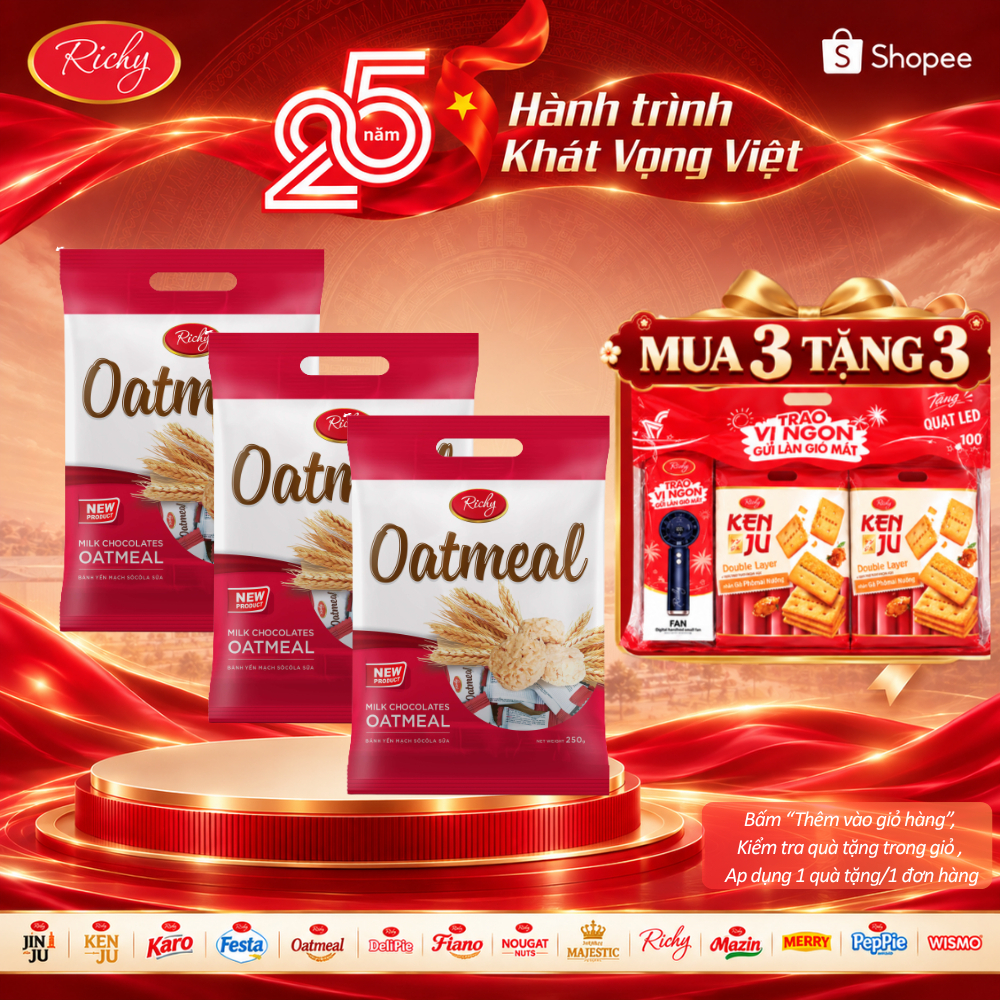 [HỎA TỐC HN] [MUA 3 TẶNG 3 QUÀ] Combo 3 túi bánh yến mạch Oatmeal Richy túi to 220g-250g