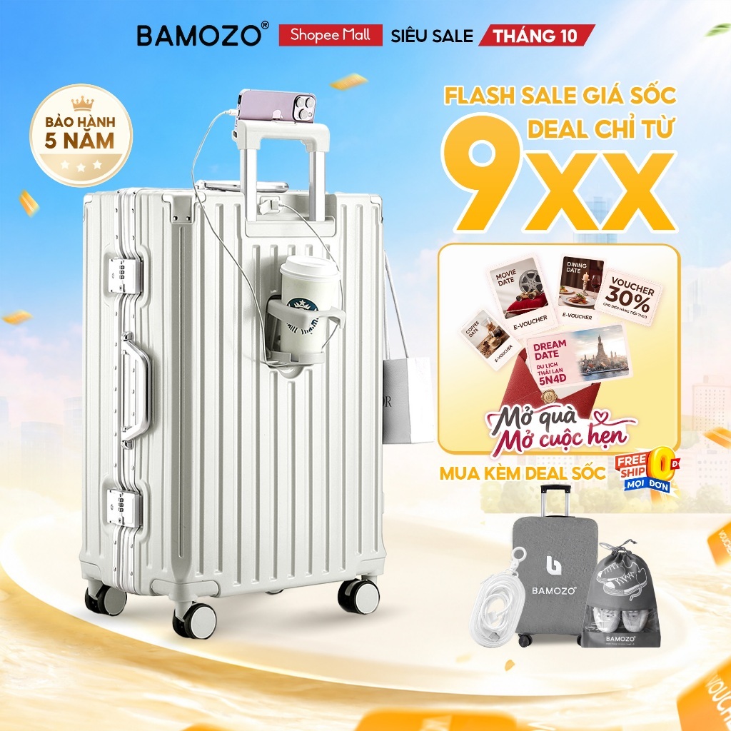 Vali du lịch Khung nhôm 9066 Bamozo Size 20/24/28 chống xước, có khóa sập, bo góc chống va đập_9066