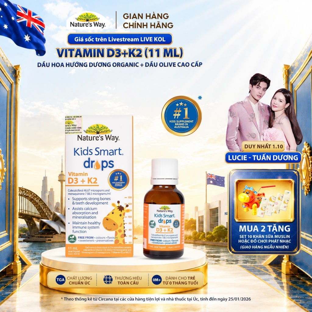 Vitamin D3K2 Nature's Way, Với Dầu Hoa Hướng Dương Organic, Giúp Bổ sung Vitamin D3, K2-MK7 Cho Trẻ Sơ Sinh Hộp 11ml