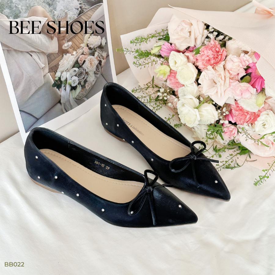 Giày búp bê nữ đính đá BEESHOES búp bê mũi nhọn, đế bệt cao 1 phân sẵn màu đen BB022