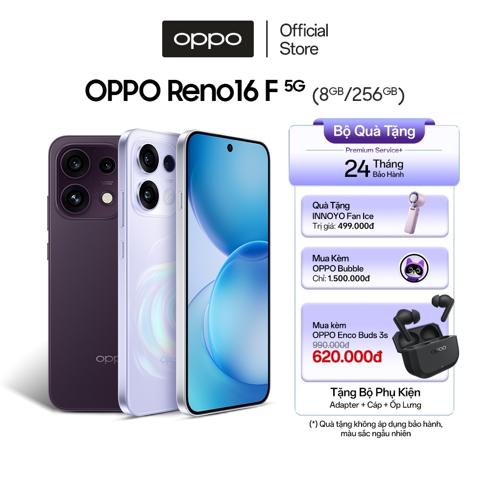 Điện thoại OPPO Reno16F 5G 8GB/256GB, siêu pin 7000mAh, camera tele, sạc nhanh 80W - Hàng chính hãng