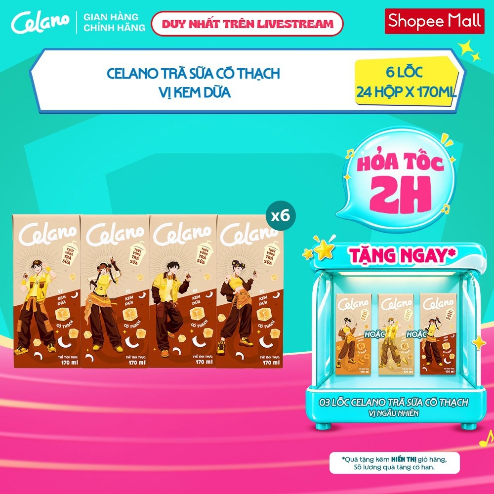 [KOL] [VỊ TỰ CHỌN] Combo 6 lốc Trà Sữa CELANO Vị Caramel Muối/Kem Dừa/Gạo Rang  (6 lốc x 4 hộp x 170ml)