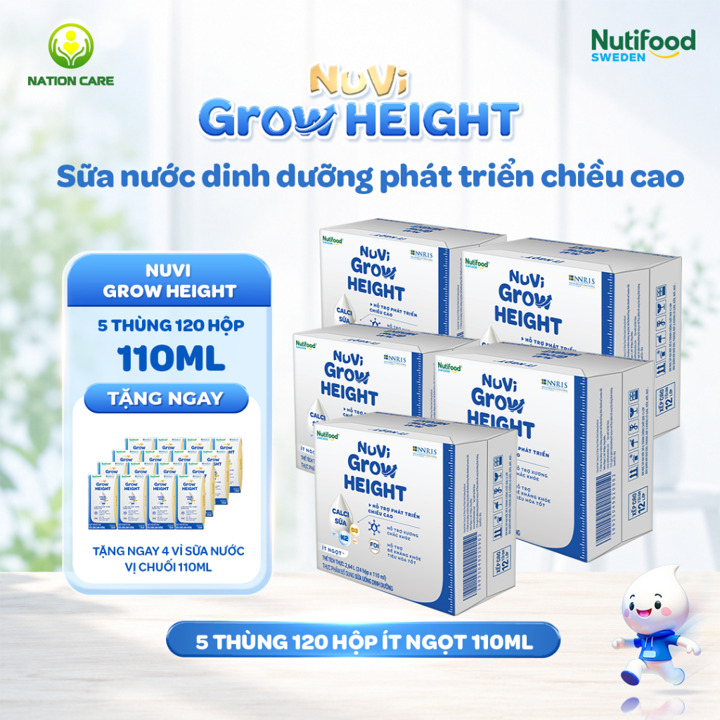 Sữa Nước Nuvi Grow Height ( 5 Thùng Tặng 4 Vỉ Chuối 110m Ít Ngọt ) - Hỗ Trợ Phát Triển Chiều Cao