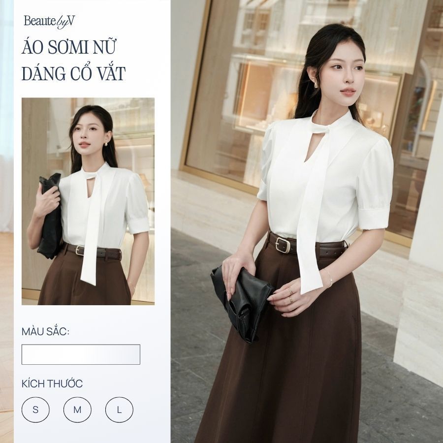 Áo sơ mi nữ ngắn tay dáng cổ vắt thắt vạt cao cấp, Sơ mi trắng công sở Estella BEAUTEBYV