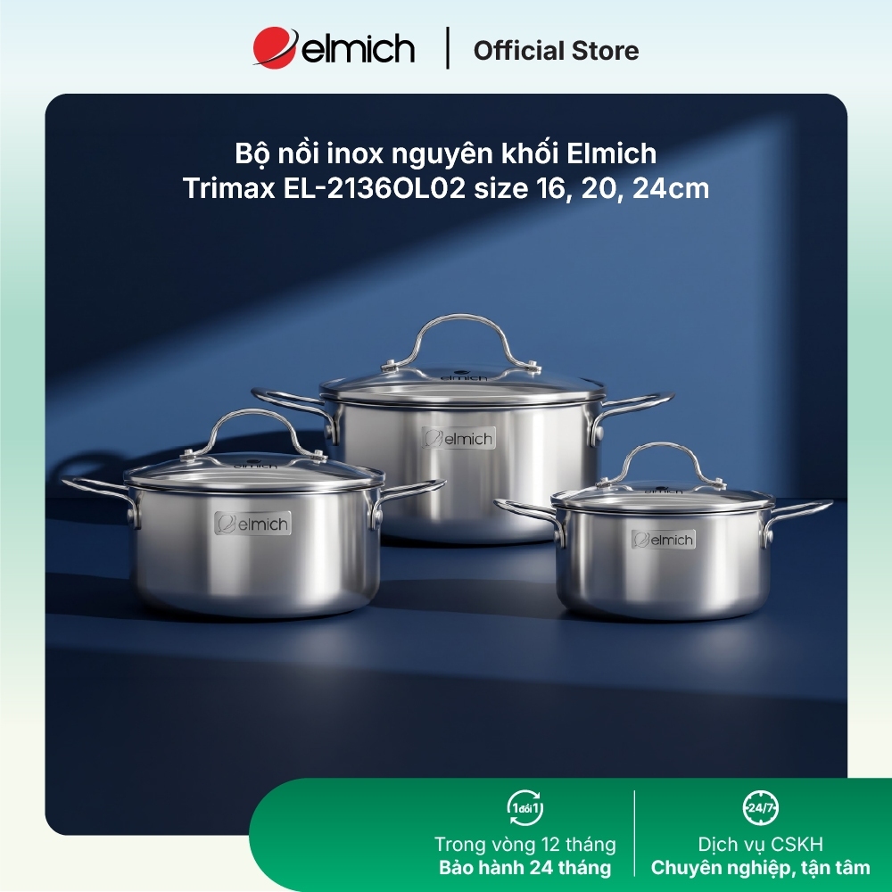 Bộ nồi inox nguyên khối Elmich Trimax  EL-2136OL01/02 size 16, 20, 24cm