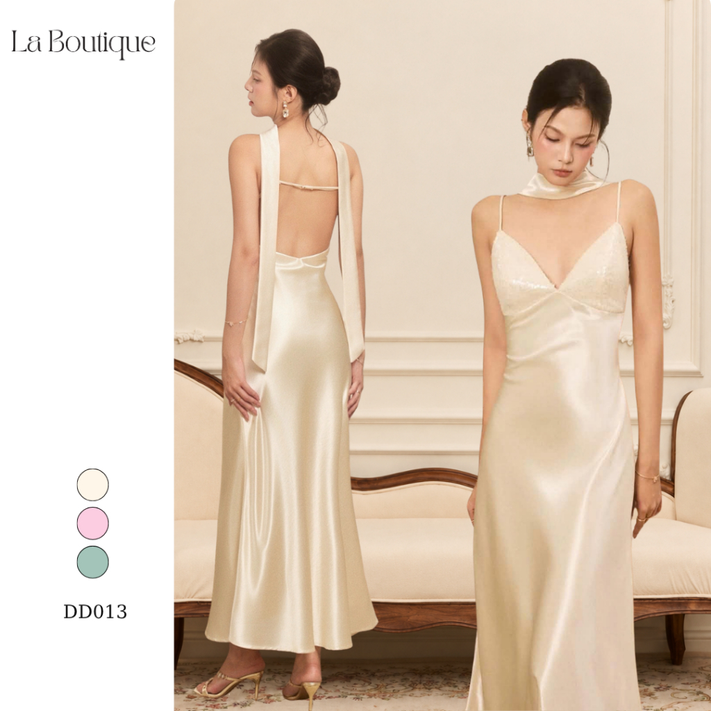 [Form rộng] LA BOUTIQUE Đầm lụa dáng dài cúp phối kim sa cùng màu, cổ V khoét lưng sâu, đầm đi tiệc DD013-2610LAT
