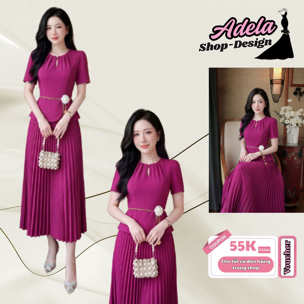 Set Váy Công Sở ADELA DESIGN Gold Hàn Cao Cấp Áo Peplum Chiết Eo Chân Váy Dập Ly Đai Xích Hoa Ánh Vàng MDU6628