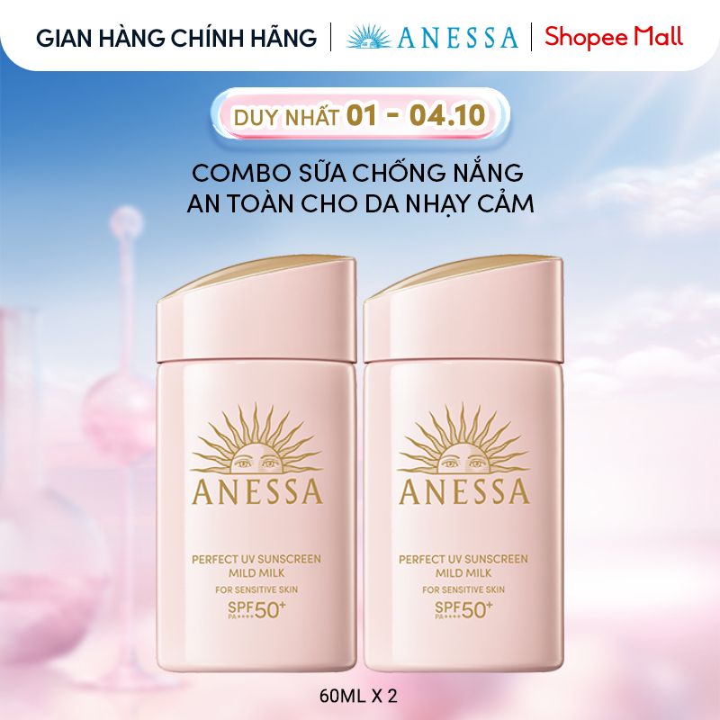 Combo Sữa chống nắng dưỡng da dịu nhẹ an toàn cho da nhạy cảm và trẻ em Anessa Mild Milk SPF50+ PA++++ 60mlx2