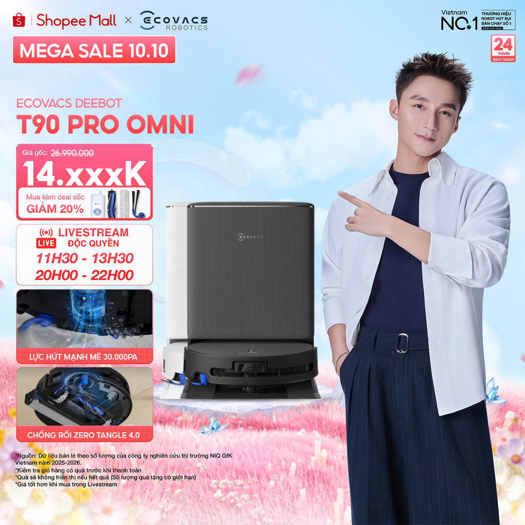 Ecovacs T90 Pro Omni Robot hút bụi lau nhà thông minh | Lực hút 30.000Pa | Trạm OMNI tự động sấy khô | BH 24 tháng